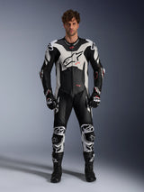Alpinestars GP Plus V4 Sprint 1-Piece Leather Suit, motorcycle racing gear for men, Black, White and Red Fluo.