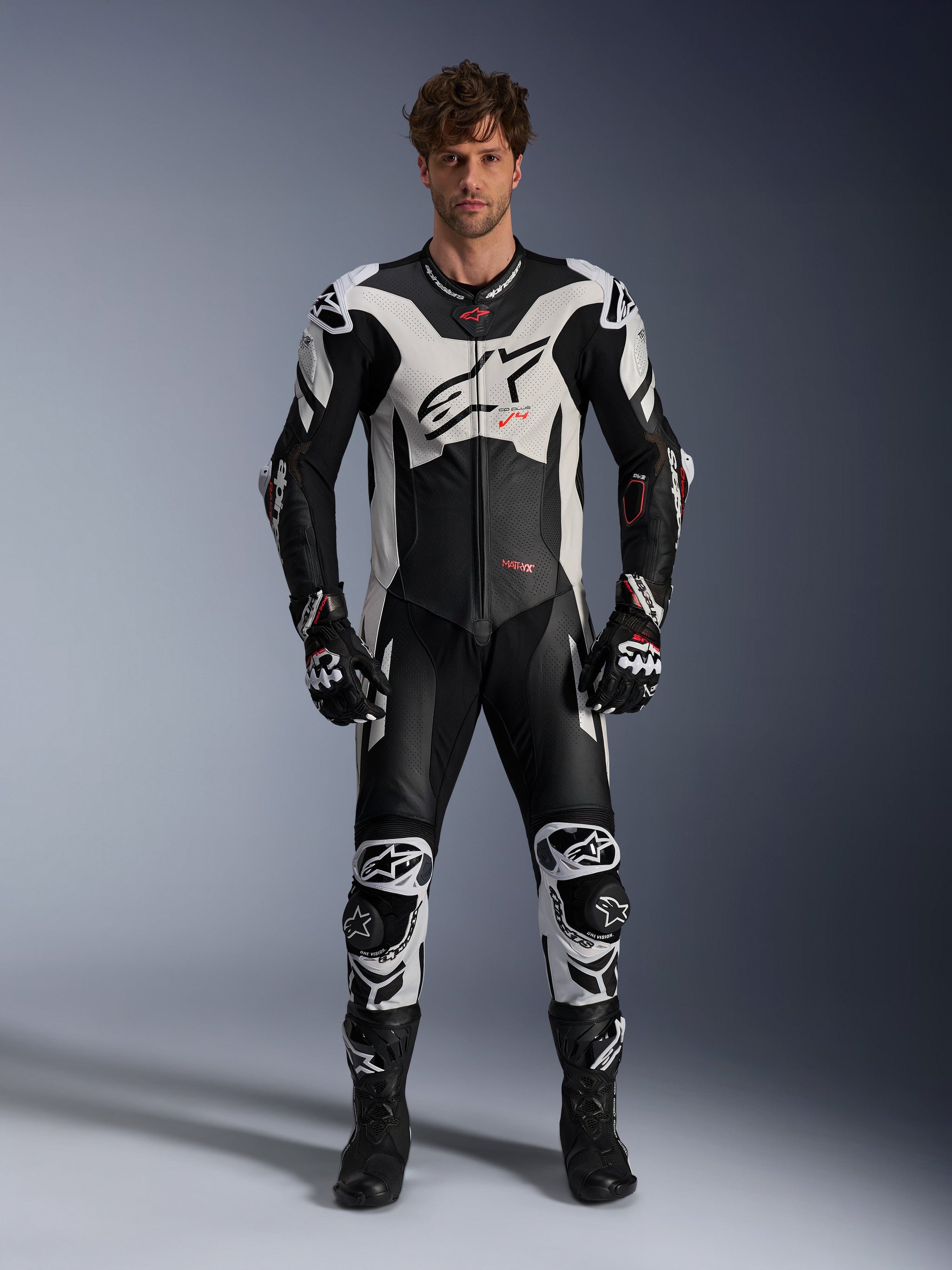 Alpinestars GP Plus V4 Sprint 1-Piece Leather Suit, motorcycle racing gear for men, Black, White and Red Fluo.