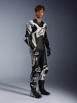 Alpinestars GP Plus V4 Sprint 1 Piece Leather Suit, Black, White, and Red Fluo, Tech-Air Ready men's motorcycle racing gear.