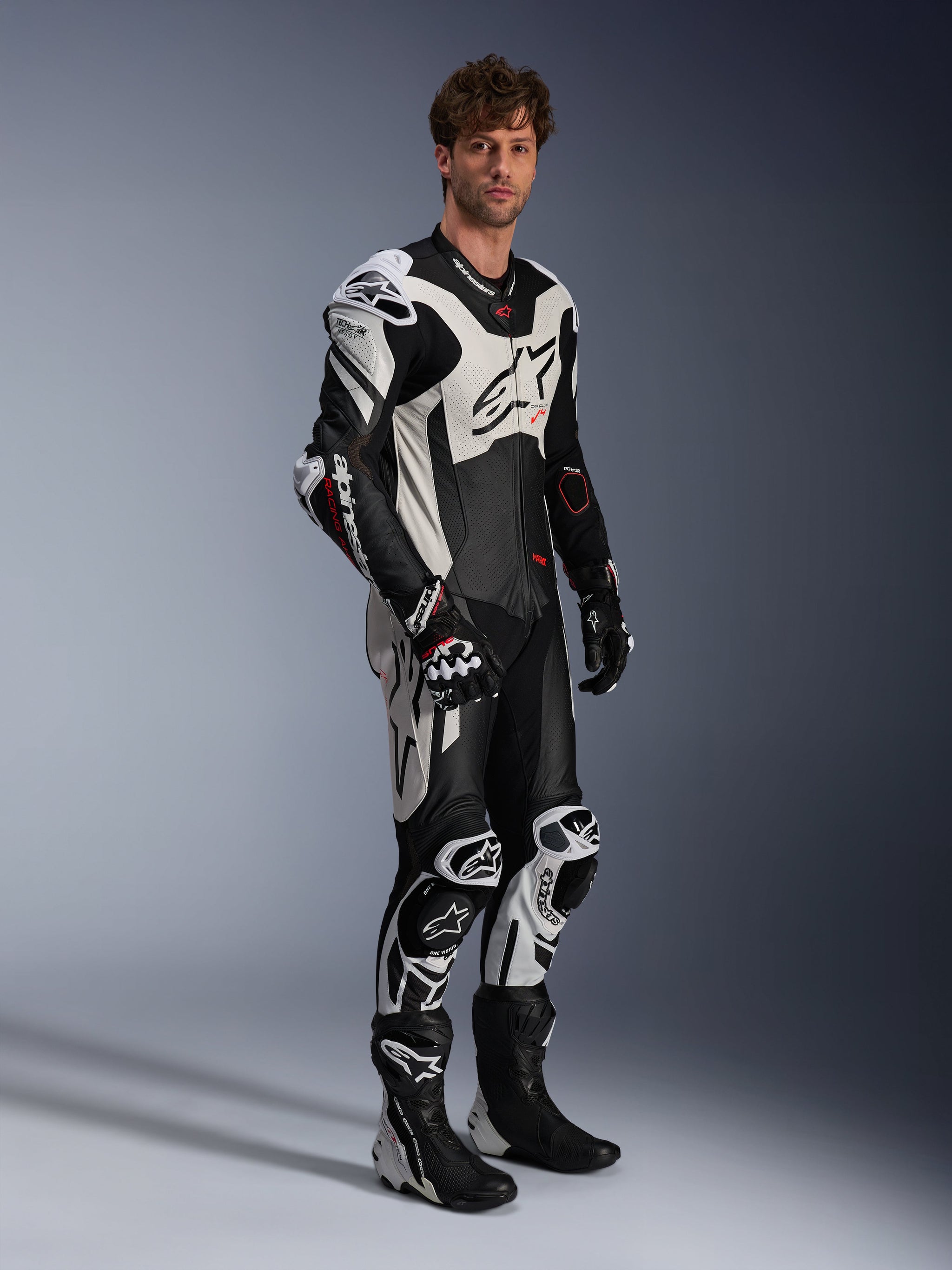 Alpinestars GP Plus V4 Sprint 1 Piece Leather Suit, Black, White, and Red Fluo, Tech-Air Ready men's motorcycle racing gear.