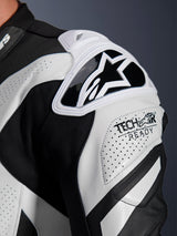 Alpinestars GP Plus V4 Sprint Leather Suit shoulder armor, black and white perforated leather with Tech-Air Ready logo.