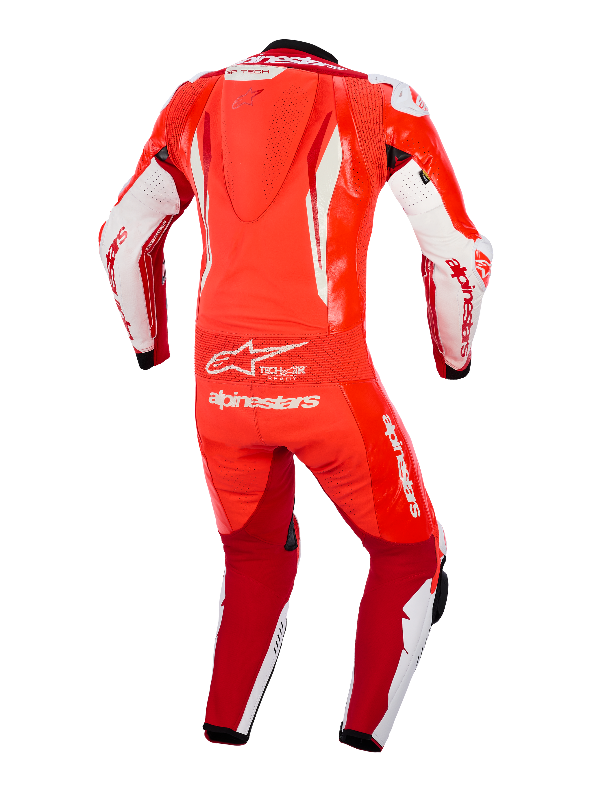 Alpinestars GP Tech V5 One Piece Leather Suit, Red Fluo Bright Red and White, rear view showing aerodynamic speed hump, flexible accordion waist panel, and prominent white Alpinestars branding, professional racing apparel for motorcycle track use.