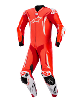 Alpinestars GP Tech V5 One Piece Leather Suit, Red Fluo Bright Red and White, front view, professional motorcycle racing suit featuring perforated leather, white aerodynamic accents, and integrated knee sliders