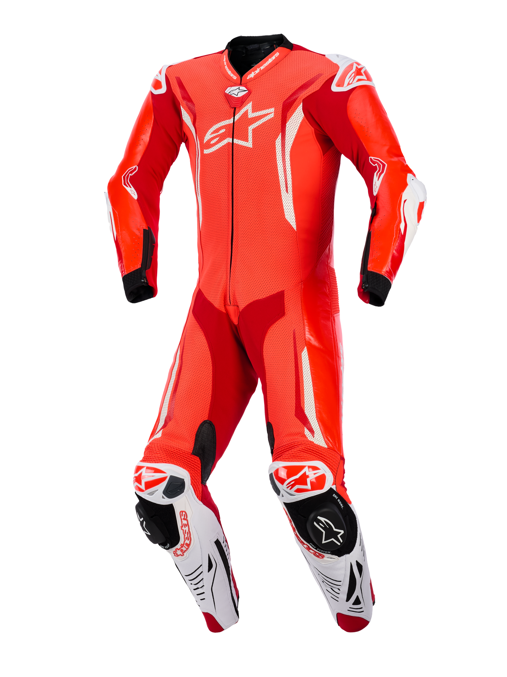 Alpinestars GP Tech V5 One Piece Leather Suit, Red Fluo Bright Red and White, front view, professional motorcycle racing suit featuring perforated leather, white aerodynamic accents, and integrated knee sliders