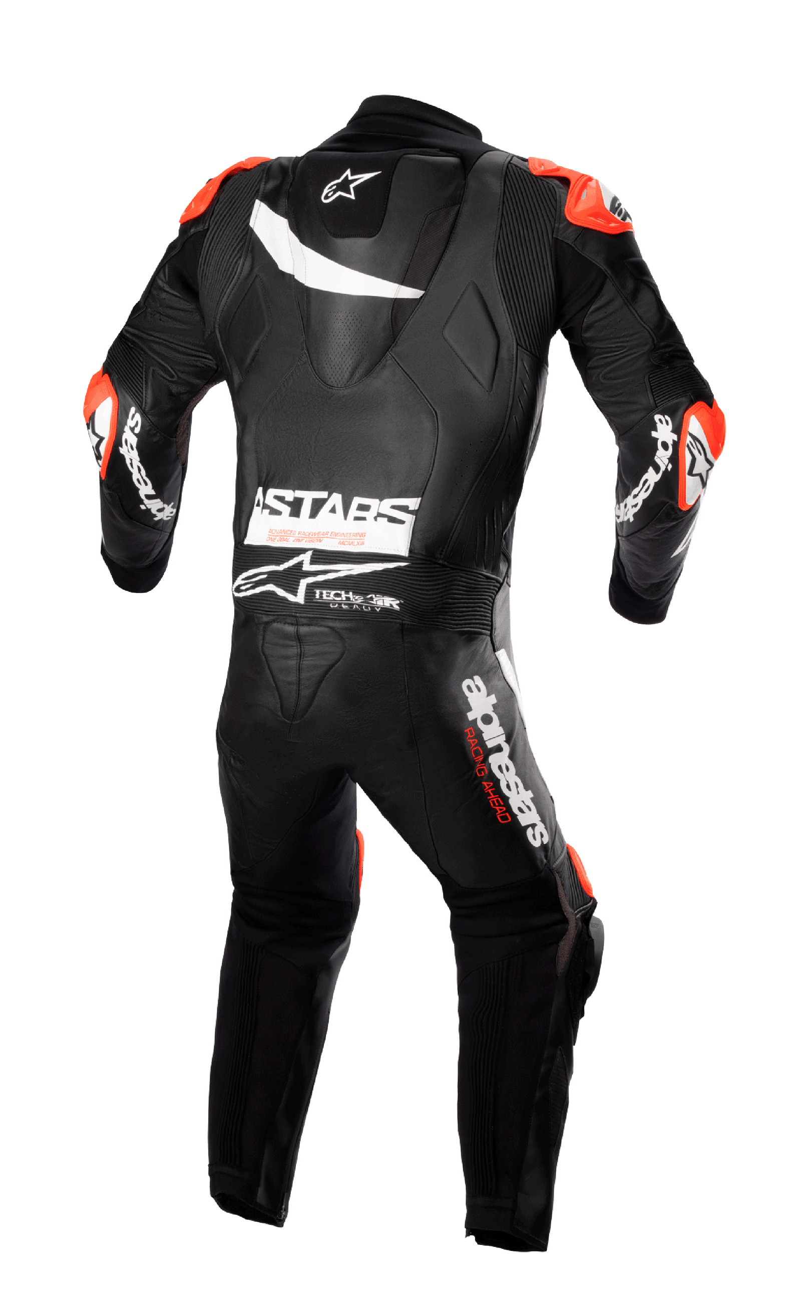Alpinestars GP Plus V4 One Piece Leather Suit, Tech-Air Ready motorcycle racing suit, black and red leather, back view.
