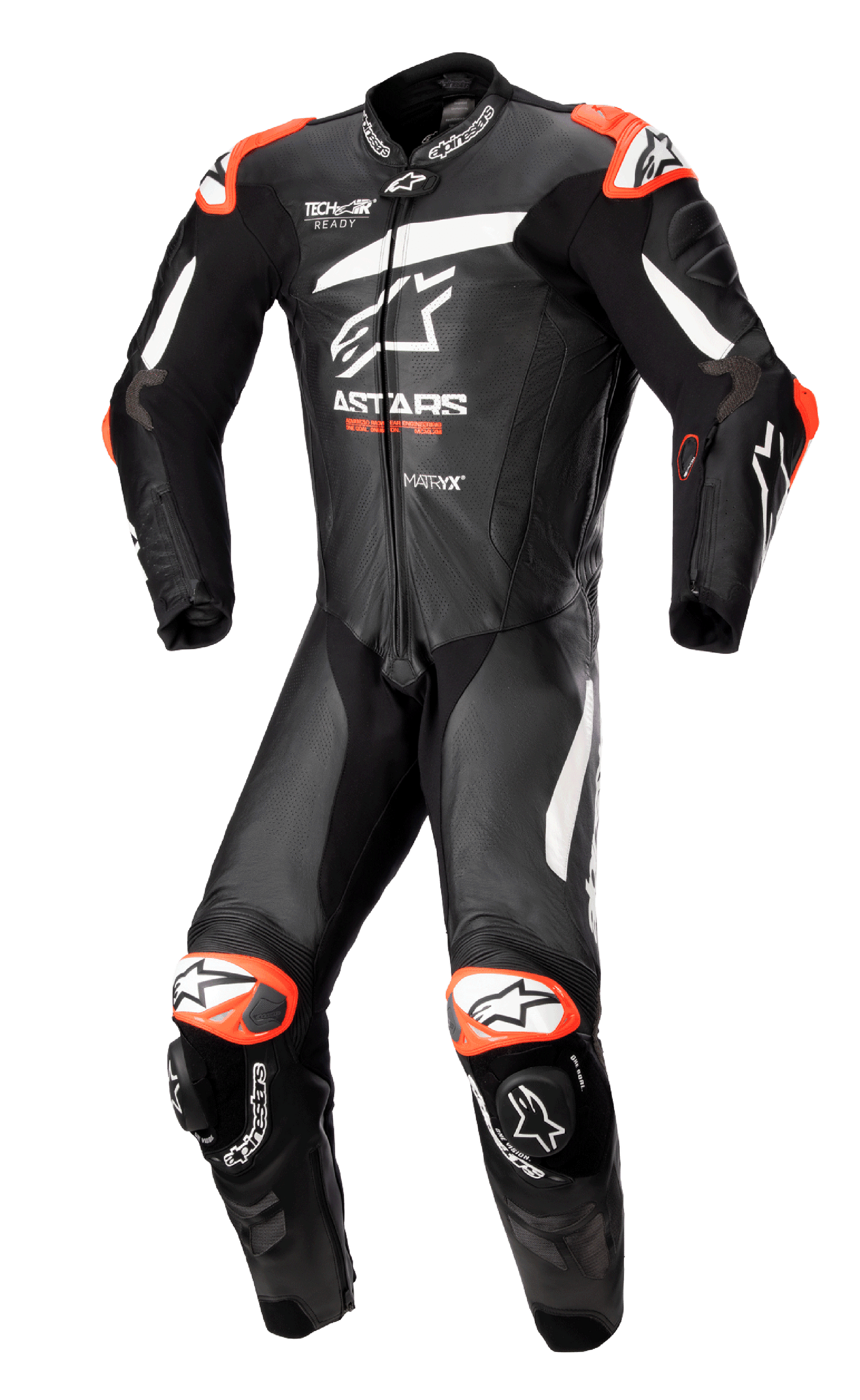 Alpinestars GP Plus V4 One Piece Leather Suit in black and white with red accents, Tech-Air Ready motorcycle racing suit.