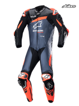 Alpinestars GP Plus V4 One Piece Leather Suit, motorcycle racing suit in black, red fluo, and dark blue, featuring Tech-Air ready design, DFS sliders, and race leather construction, front studio view