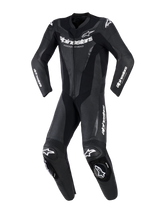 Alpinestars GP Force V2 Leather Suit - 1Piece, Black, professional one-piece motorcycle racing suit with white Alpinestars branding on chest and sleeves, perforated leather panels for ventilation, accordion stretch sections, and integrated knee sliders, front view.