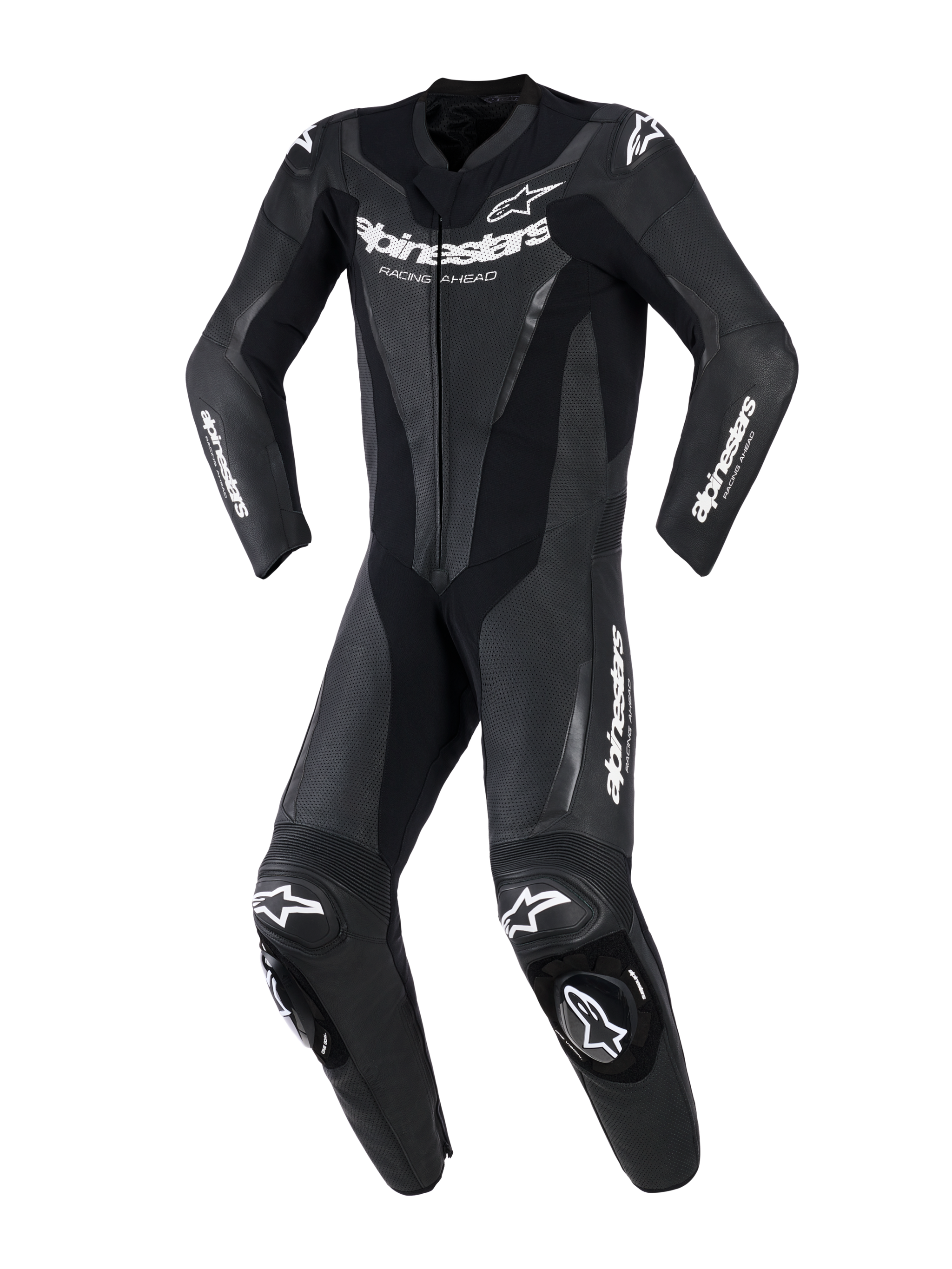 Alpinestars GP Force V2 Leather Suit - 1Piece, Black, professional one-piece motorcycle racing suit with white Alpinestars branding on chest and sleeves, perforated leather panels for ventilation, accordion stretch sections, and integrated knee sliders, front view.