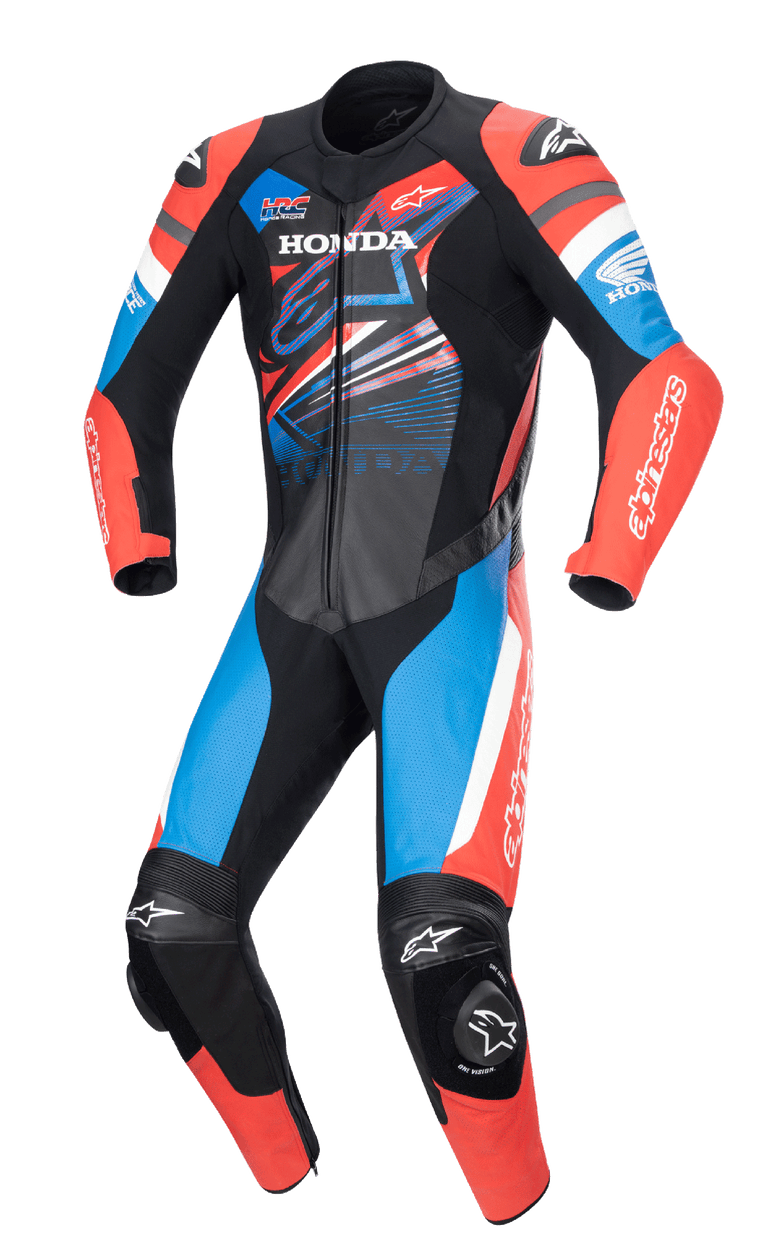Alpinestars Honda GP Force Leather Suit, Motorcycle Racing Suit, Red Blue Black and White, Premium Leather Construction with Aerodynamic Design, Reinforced Padding on Shoulders Elbows and Knees, Perforated Ventilation Panels