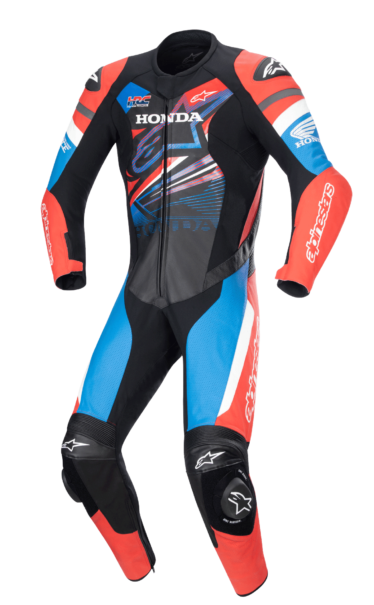 Alpinestars Honda GP Force Leather Suit, Motorcycle Racing Suit, Red Blue Black and White, Premium Leather Construction with Aerodynamic Design, Reinforced Padding on Shoulders Elbows and Knees, Perforated Ventilation Panels