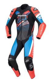 Alpinestars Honda GP Force Leather Suit, Motorcycle Racing Suit, Red Blue Black and White, Premium Leather Construction with Aerodynamic Design, Reinforced Padding on Shoulders Elbows and Knees, Perforated Ventilation Panels