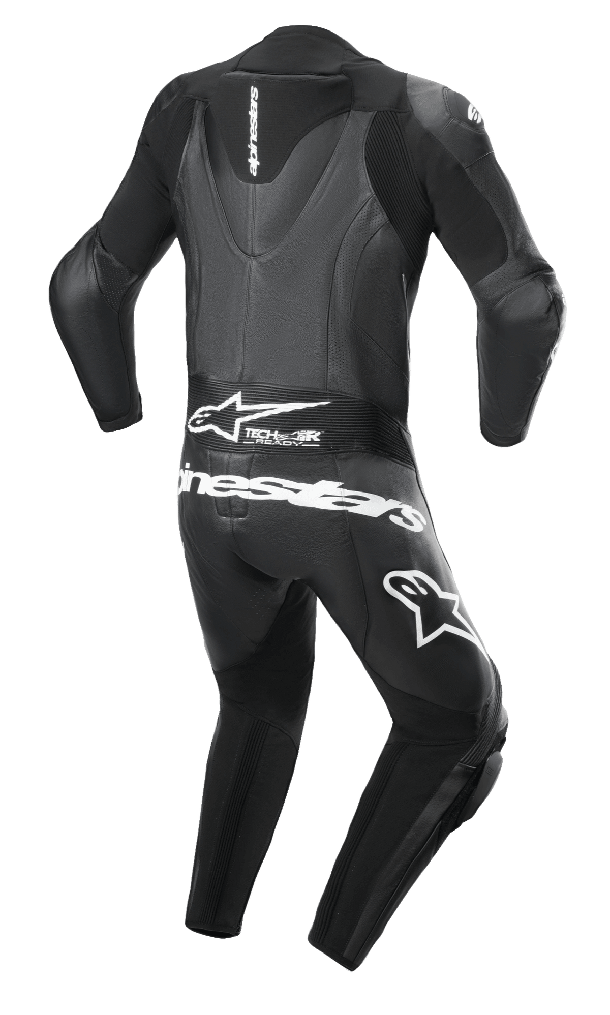 Alpinestars GP Force Lurv 1-Piece Leather Suit, Black, rear view showing aerodynamic back hump, Tech-Air Ready branding on lower back accordion panel, white Alpinestars logos on the seat and thigh, perforated leather and technical stretch panels for racing performance.