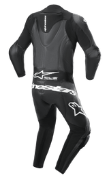 Alpinestars GP Force Lurv 1-Piece Leather Suit, Black, rear view showing aerodynamic back hump, Tech-Air Ready branding on lower back accordion panel, white Alpinestars logos on the seat and thigh, perforated leather and technical stretch panels for racing performance.