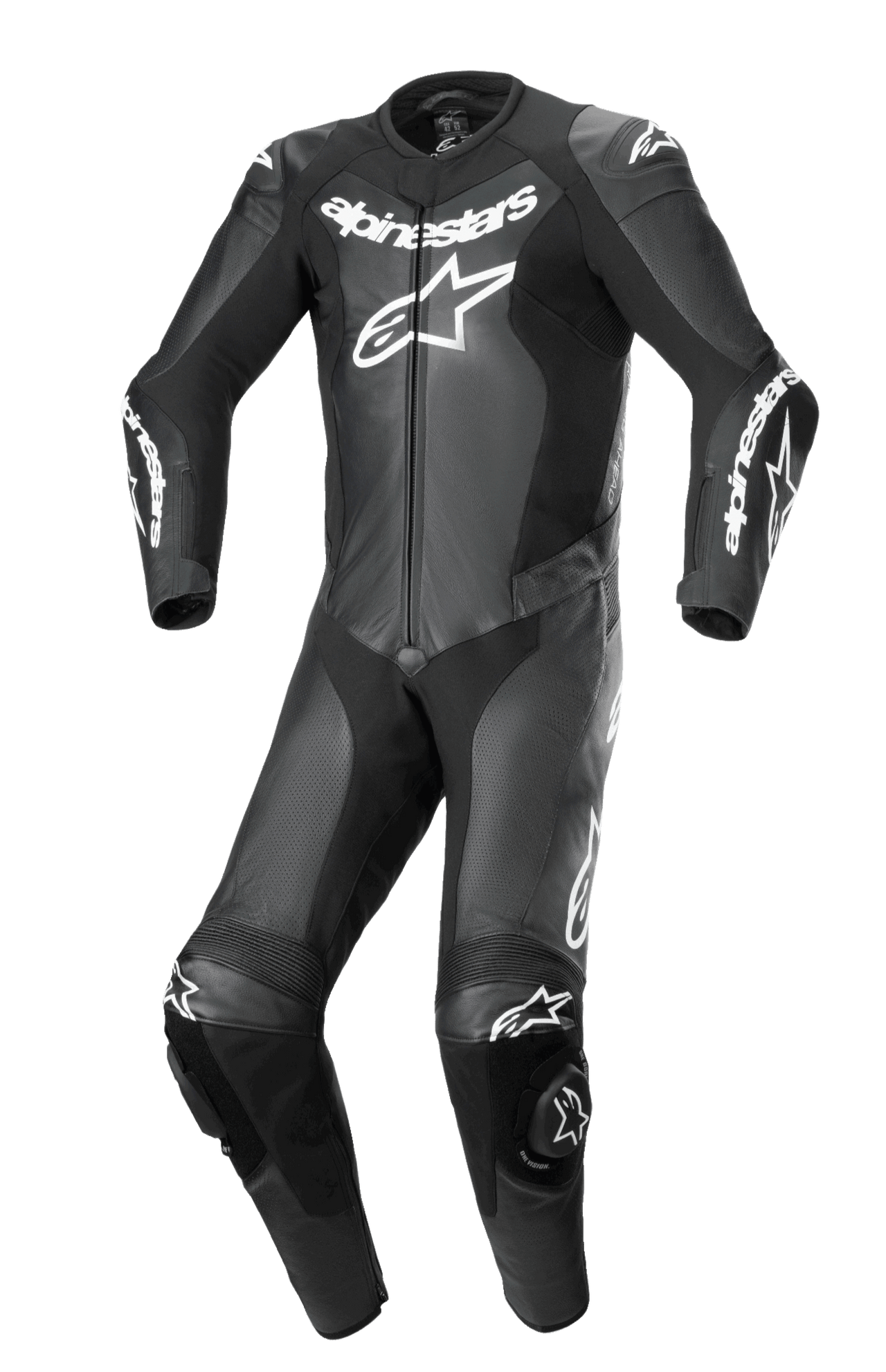 Alpinestars GP Force Lurv 1-Piece Leather Suit, Black with large white Alpinestars logo on chest, professional motorcycle racing suit featuring perforated leather panels and accordion stretch zones at the knees.