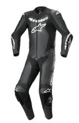 Alpinestars GP Force Lurv 1-Piece Leather Suit, Black with large white Alpinestars logo on chest, professional motorcycle racing suit featuring perforated leather panels and accordion stretch zones at the knees.