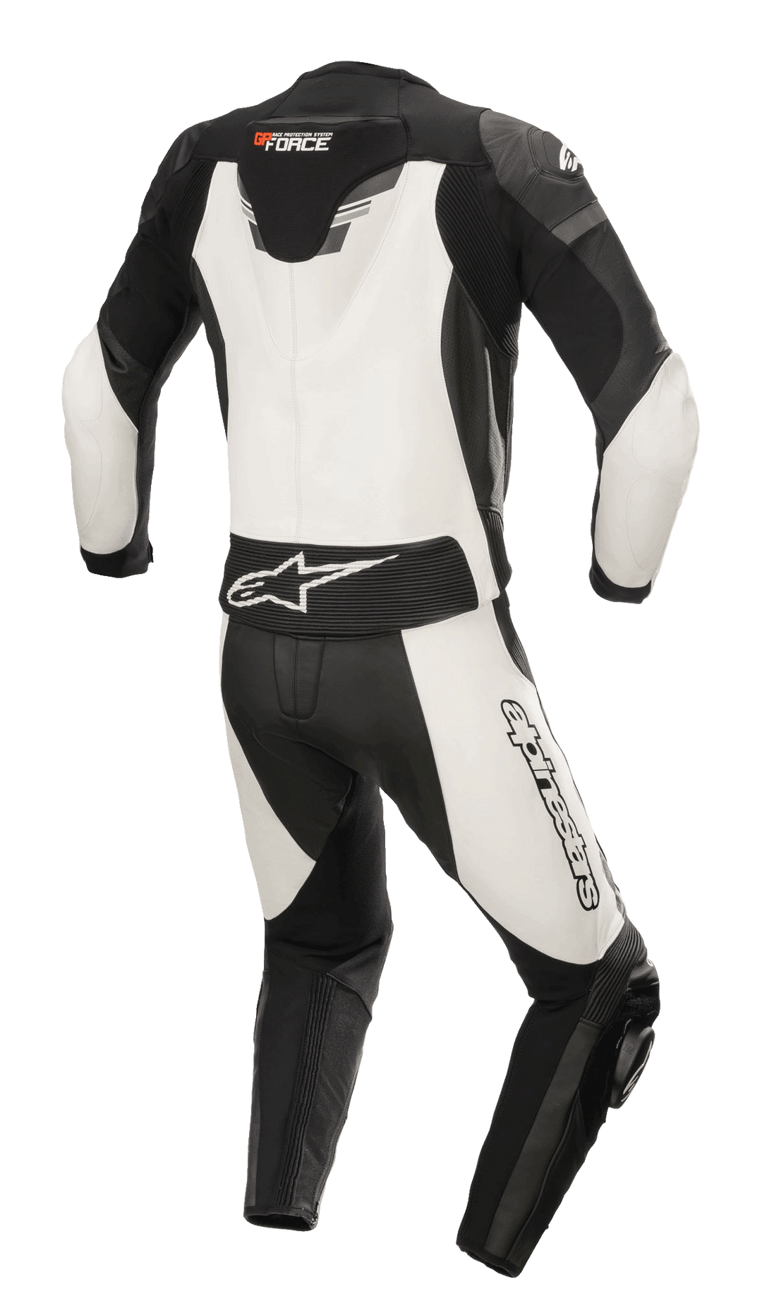 Alpinestars GP Force Chaser Two Pieces Leather Suit, Black and White, back view featuring an aerodynamic hump, large white back panel, Alpinestars logo on lower back stretch panel, and wordmark on the right leg, bovine leather construction for motorcycle racing