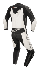 Alpinestars GP Force Chaser Two Pieces Leather Suit, Black and White, back view featuring an aerodynamic hump, large white back panel, Alpinestars logo on lower back stretch panel, and wordmark on the right leg, bovine leather construction for motorcycle racing