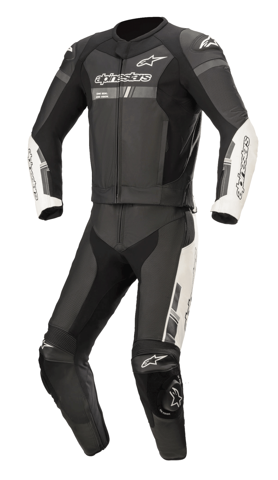 Alpinestars GP Force Chaser Two Pieces Leather Suit, Black and White motorcycle racing suit, white accents on forearms and outer thighs, featuring external sliders on shoulders and knees, perforated ventilation panels, premium bovine leather with bold branding