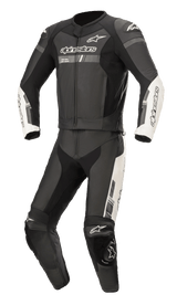 Alpinestars GP Force Chaser Two Pieces Leather Suit, Black and White motorcycle racing suit, white accents on forearms and outer thighs, featuring external sliders on shoulders and knees, perforated ventilation panels, premium bovine leather with bold branding