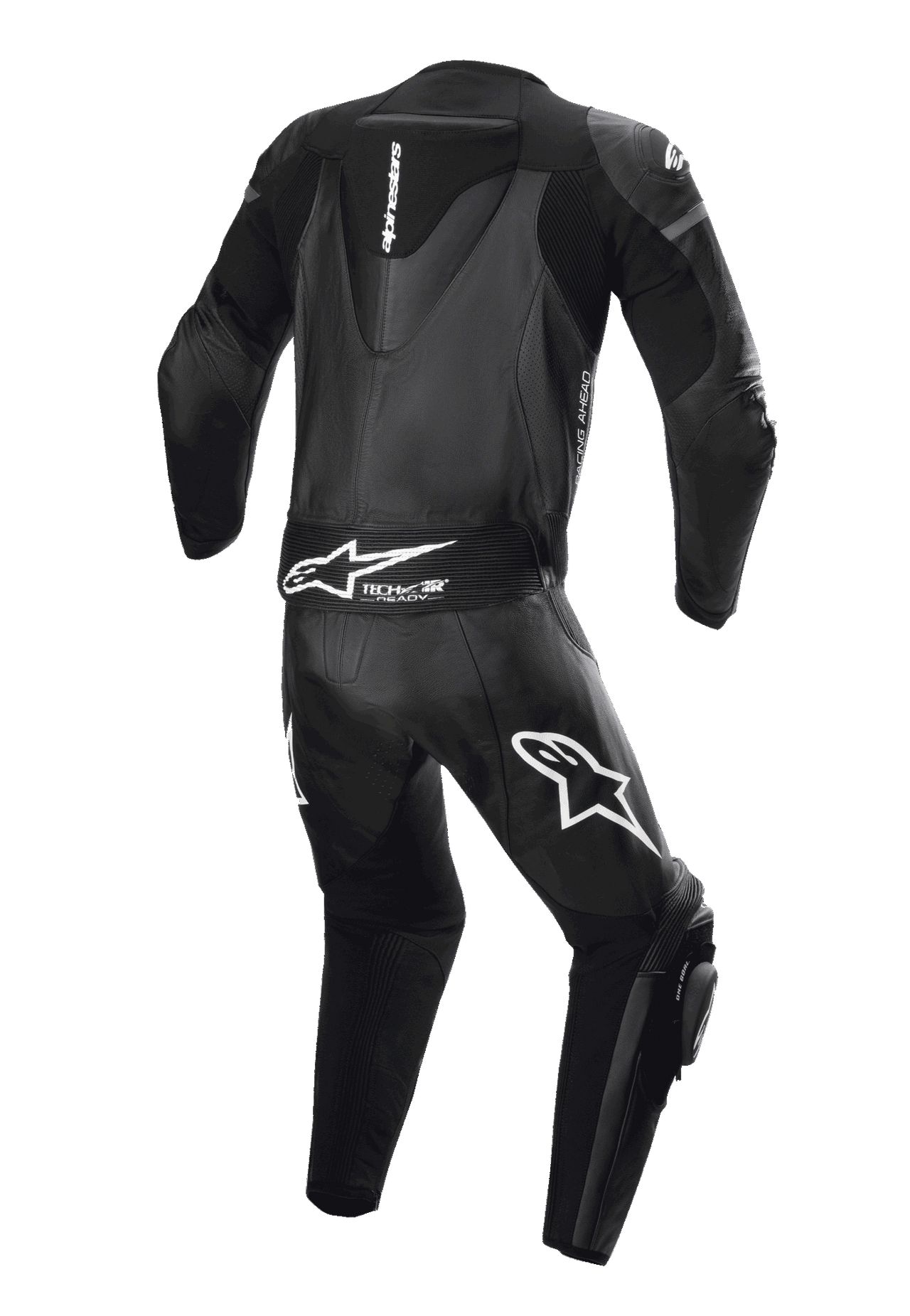 Alpinestars Men's Gp Force Lurv 2-Piece Leather Suit, black racing suit, Tech-Air ready with white logos, rear view.