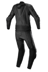 Alpinestars Stella Missile V2 2-Piece Leather Suit, Women's Motorcycle Suit, Black, back view featuring an aerodynamic speed hump with logo, ribbed accordion panels, and high-performance leather construction.