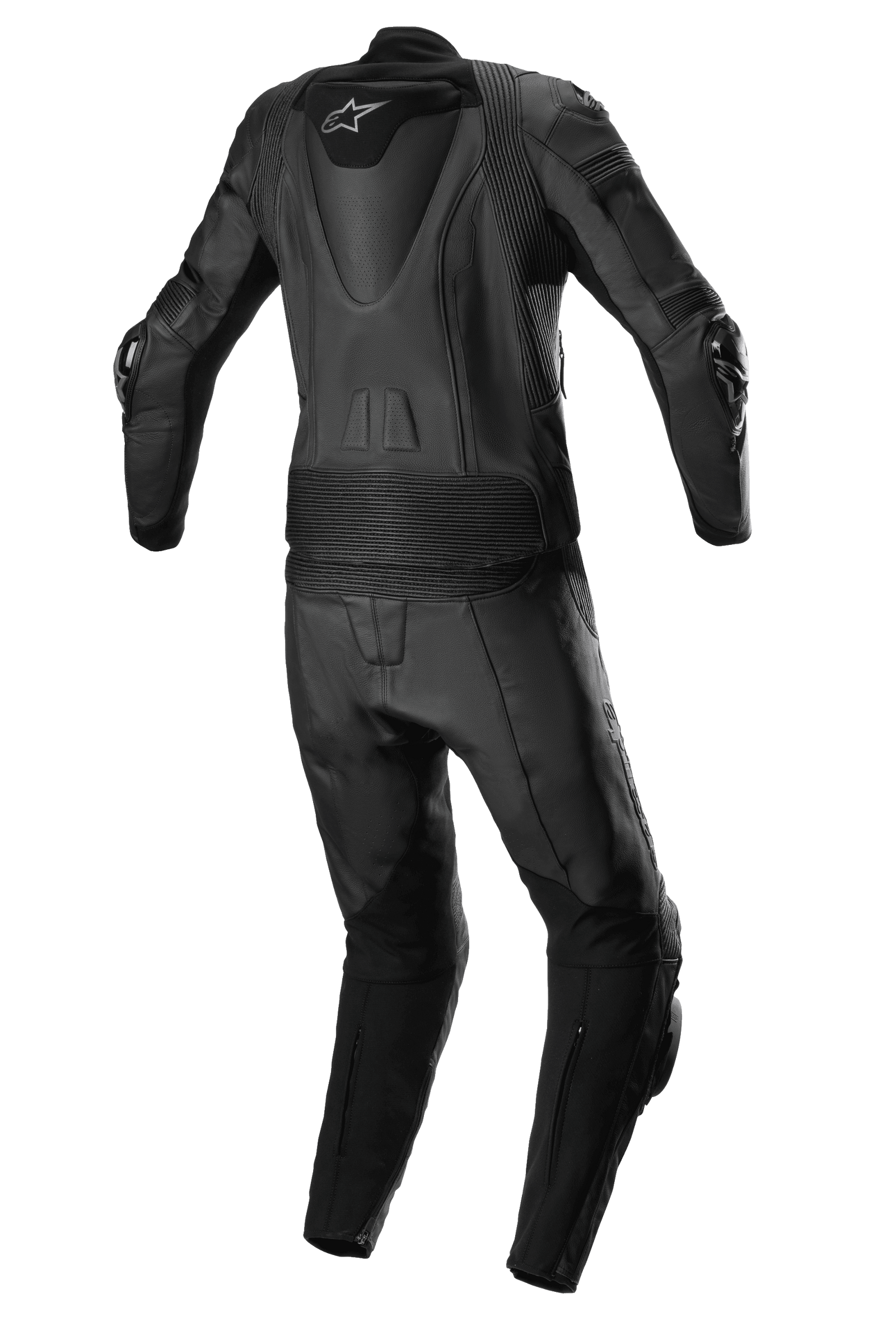 Alpinestars Stella Missile V2 2-Piece Leather Suit, Women's Motorcycle Suit, Black, back view featuring an aerodynamic speed hump with logo, ribbed accordion panels, and high-performance leather construction.