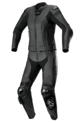 Alpinestars Women Stella Missile V2 2-Piece Leather Suit, Racing Motorcycle Suit, All Black, featuring integrated DFS armor on shoulders and knees, perforated leather panels, and ergonomic stretch zones for a performance fit