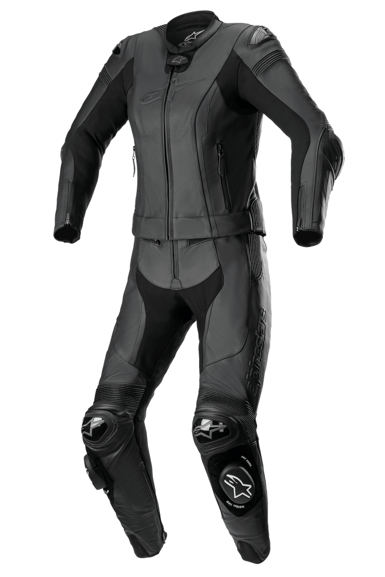 Alpinestars Women Stella Missile V2 2-Piece Leather Suit, Racing Motorcycle Suit, All Black, featuring integrated DFS armor on shoulders and knees, perforated leather panels, and ergonomic stretch zones for a performance fit