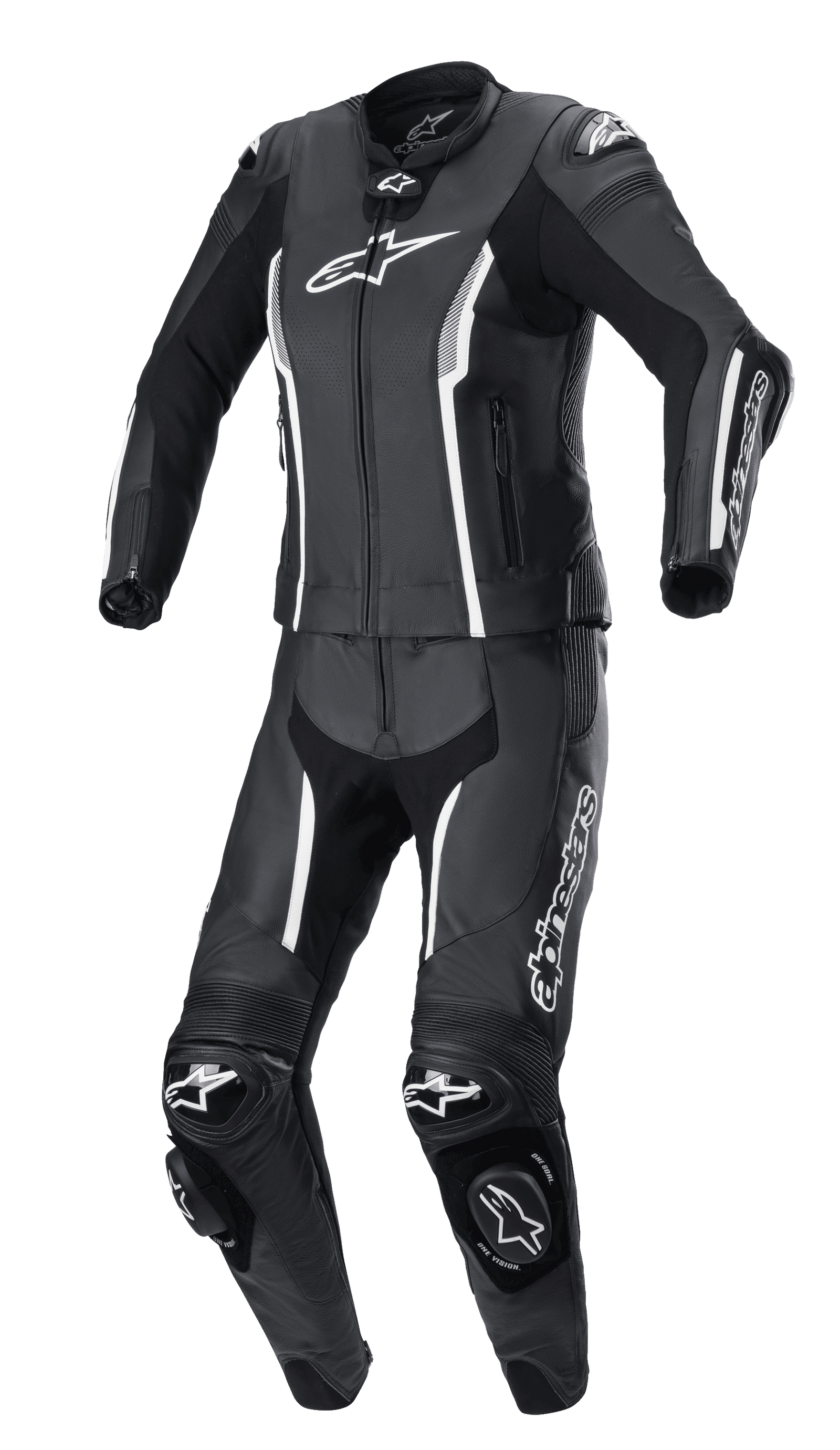 Alpinestars Stella Missile V2 2-Piece Suit, Women's Motorcycle Racing Suit, Black and White, Two-Piece Design with Jacket and Pants, Reinforced Knee Protection, High Collar, Padded Shoulders, Front Zipper, Zippered Cuffs, Elastic Panels for Flexibility, Premium Leather Construction