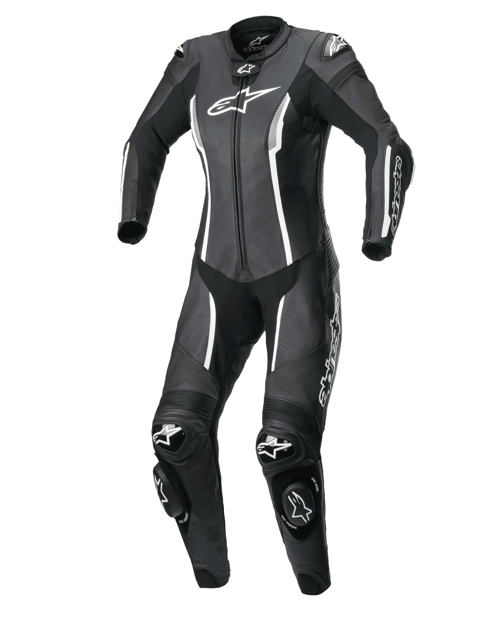 Alpinestars Stella Missile V2 1-Piece Women's Leather Racing Suit, Black and White, Tech-Air ready with DFS sliders.