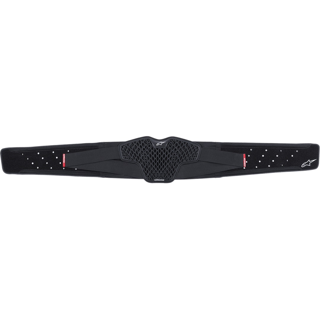 Alpinestars Sequence Kidney Belt, Black, motorcycle kidney belt featuring a central hexagonal TPR cell structure, perforated straps with small red details and white logo, ergonomic lumbar support for off-road and motocross racing