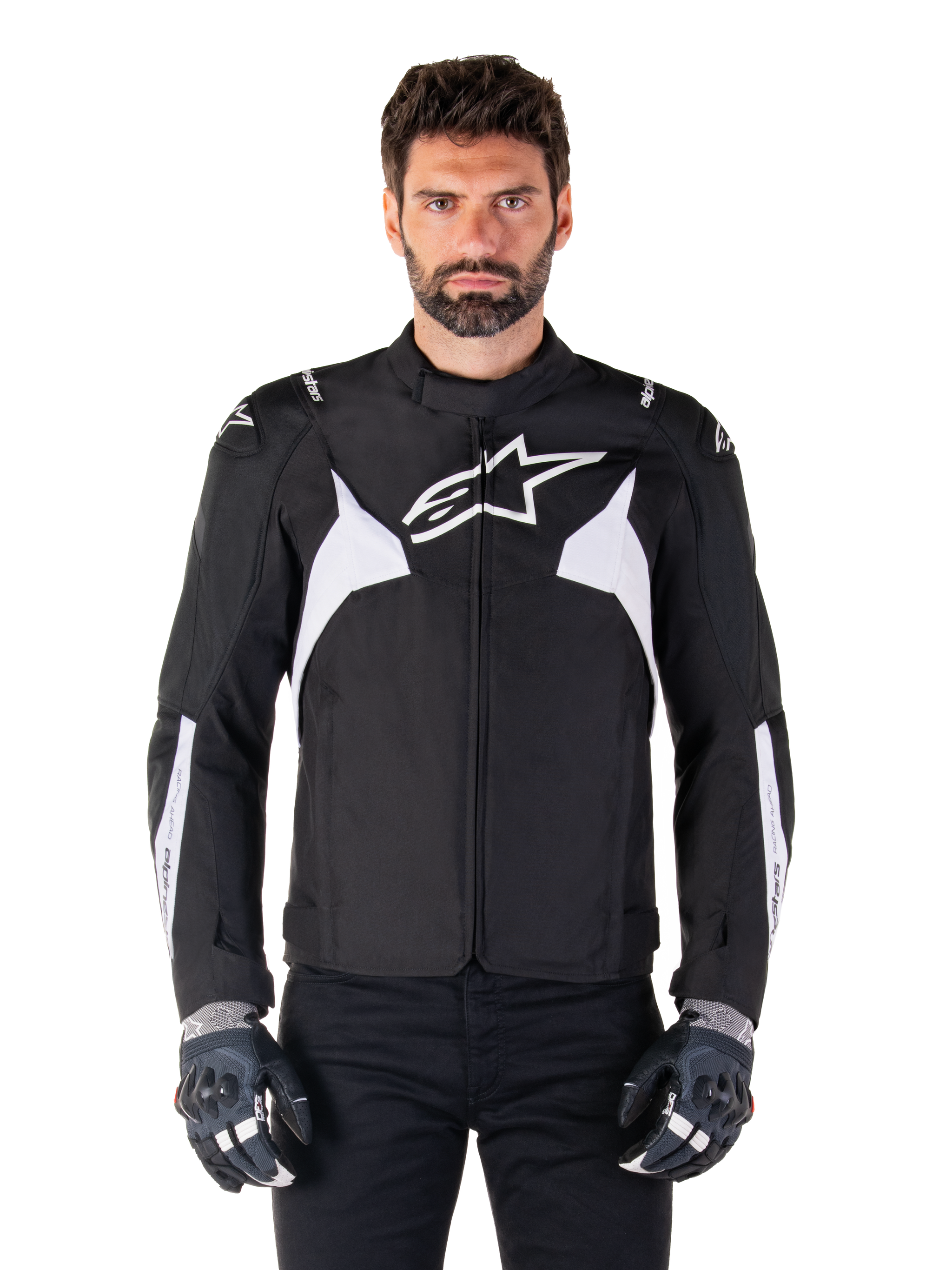 Alpinestars T-Jaws V4 Waterproof Jacket, Black and White, men's sport textile motorcycle jacket, featuring a white star logo on the chest, white shoulder accents, and white forearm stripes, high collar, athletic fit for road riding
