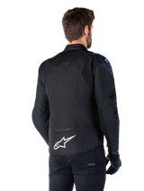 Alpinestars T-Jaws V4 Waterproof Jacket, Back View, Black with Dark Blue and Blithe Blue details, white star logo on lower back, sport silhouette, worn with black pants and riding gloves