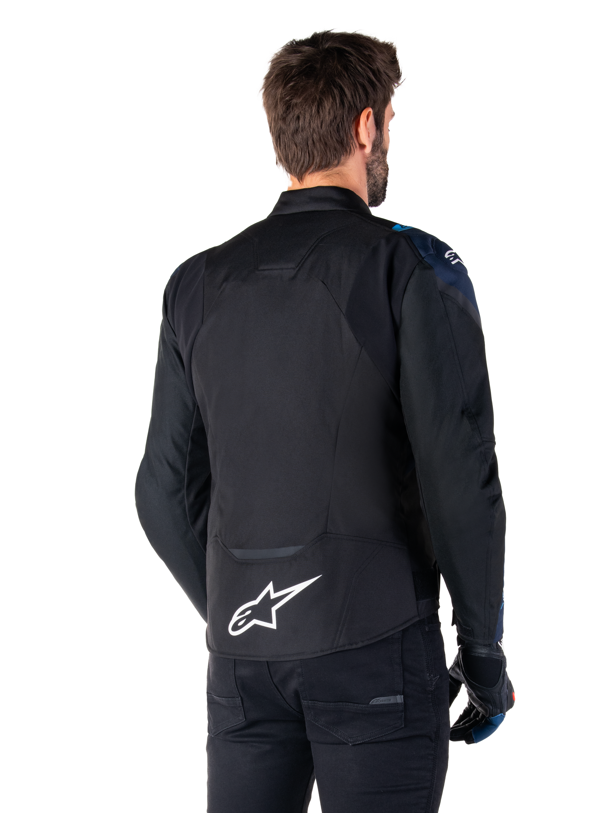 Alpinestars T-Jaws V4 Waterproof Jacket, Back View, Black with Dark Blue and Blithe Blue details, white star logo on lower back, sport silhouette, worn with black pants and riding gloves