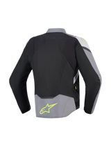 Alpinestars T-Jaws V4 Waterproof Jacket, Rear View, Black Ice Gray and Dark Gray, textile motorcycle jacket with fluorescent yellow accents and logo on lower back, sport fit with extended rear profile
