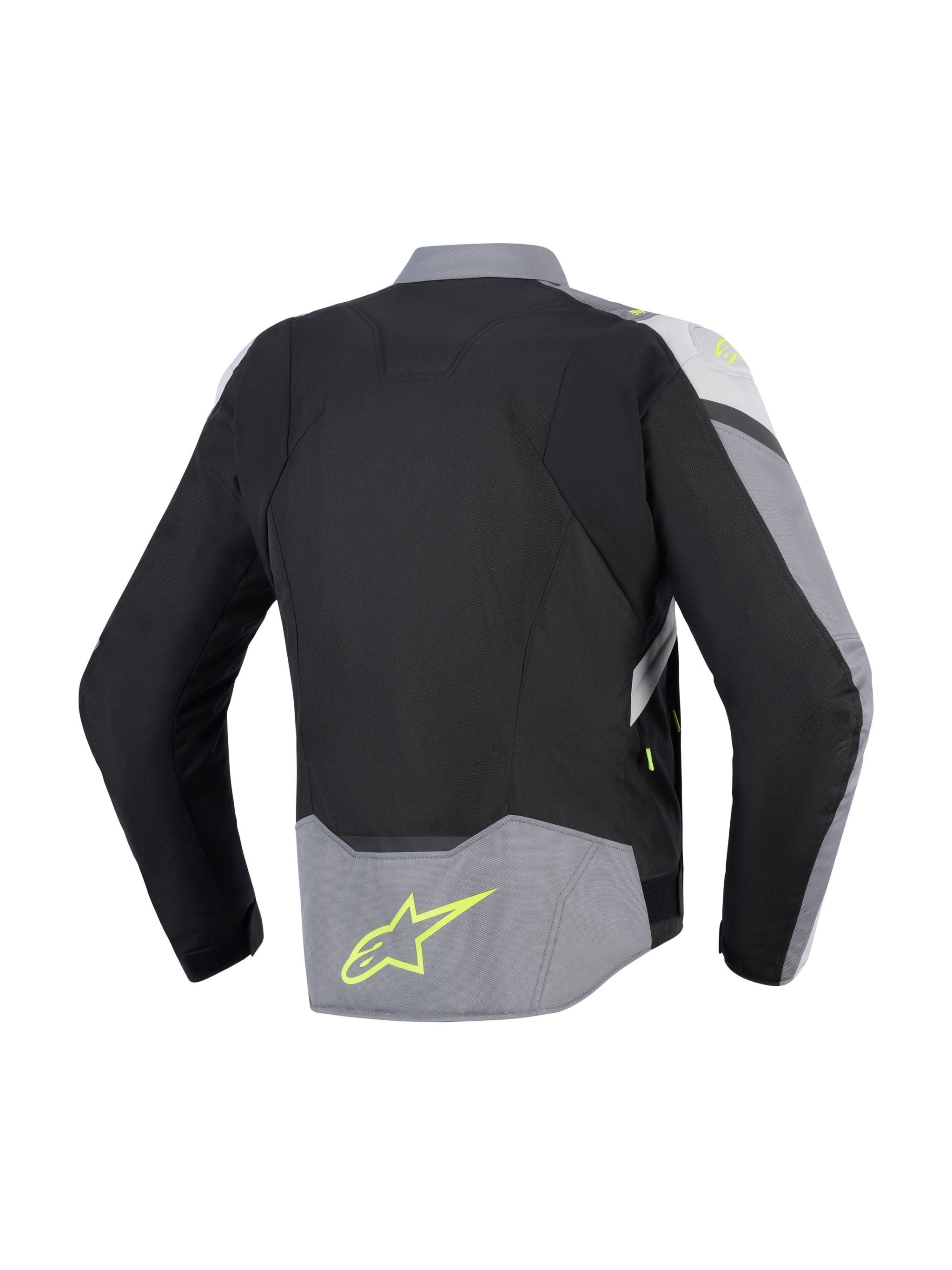 Alpinestars T-Jaws V4 Waterproof Jacket, Rear View, Black Ice Gray and Dark Gray, textile motorcycle jacket with fluorescent yellow accents and logo on lower back, sport fit with extended rear profile