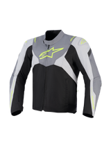 Alpinestars T-Jaws V4 Waterproof Jacket, Textile Motorcycle Jacket, Black Ice Gray and Dark Gray with fluorescent yellow branding, featuring a large neon chest logo and protective shoulder panels