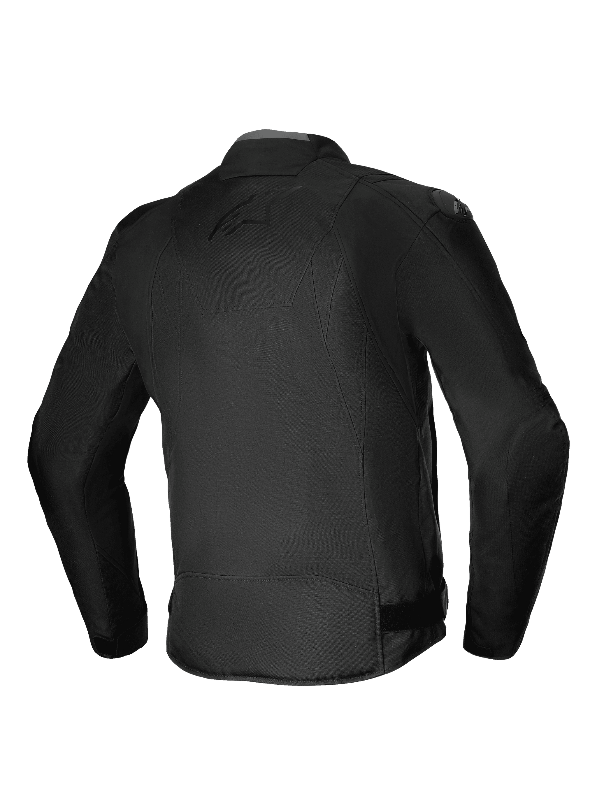 Alpinestars T-SP 1 V2 Waterproof Jacket, Textile Motorcycle Jacket, Black, rear view showcasing 3D sport silhouette, DFS Lite shoulder sliders, and subtle tonal branding on back, durable all-weather riding gear