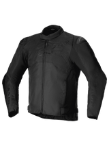 Alpinestars T-SP 1 V2 Waterproof Jacket, Black, Sport Textile Motorcycle Jacket, featuring a low profile collar, long pre-curved sleeves, front zipper closure, DFS Lite shoulder sliders, and a tonal Alpinestars logo on the chest.