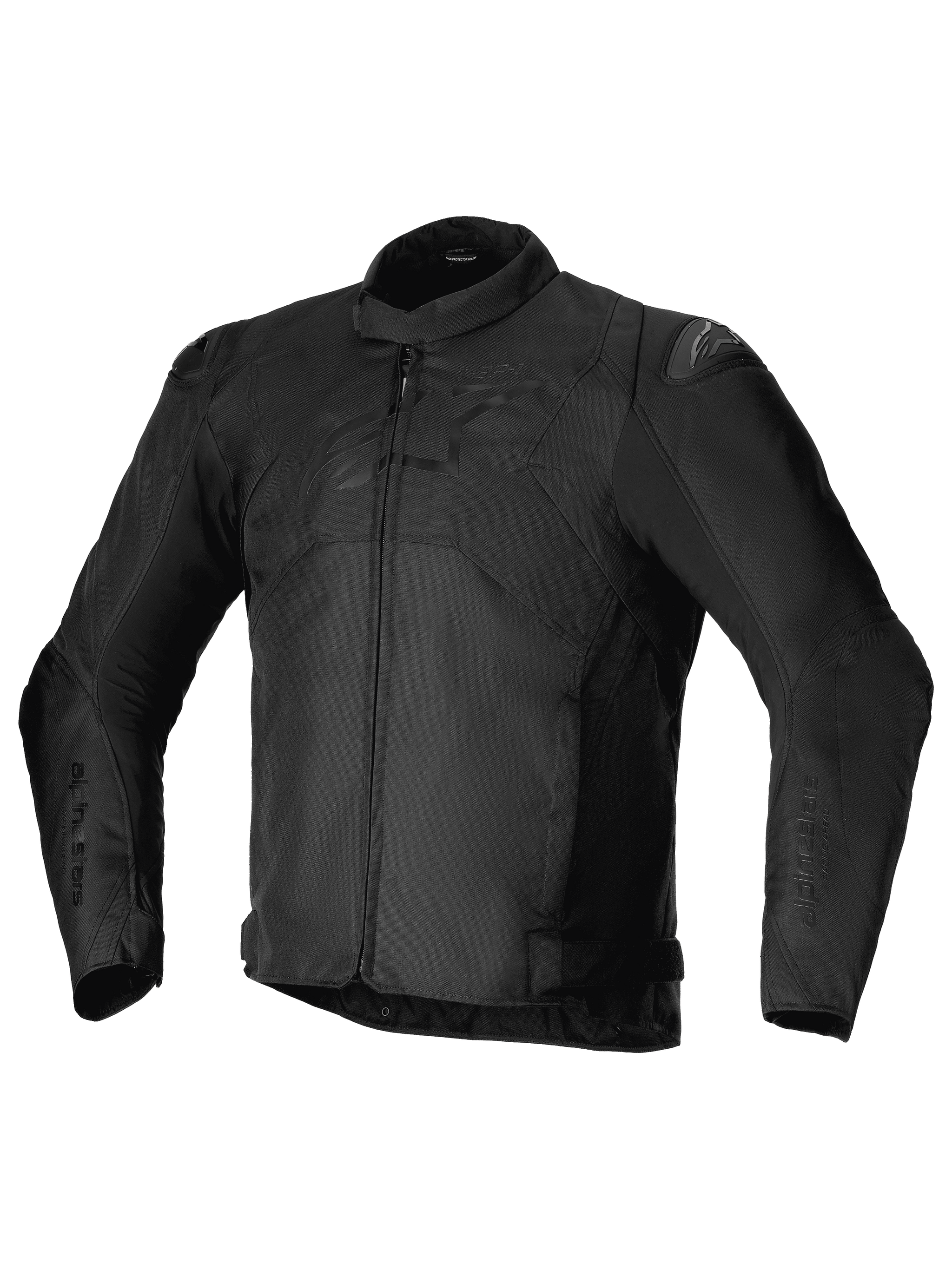 Alpinestars T-SP 1 V2 Waterproof Jacket, Black, Sport Textile Motorcycle Jacket, featuring a low profile collar, long pre-curved sleeves, front zipper closure, DFS Lite shoulder sliders, and a tonal Alpinestars logo on the chest.