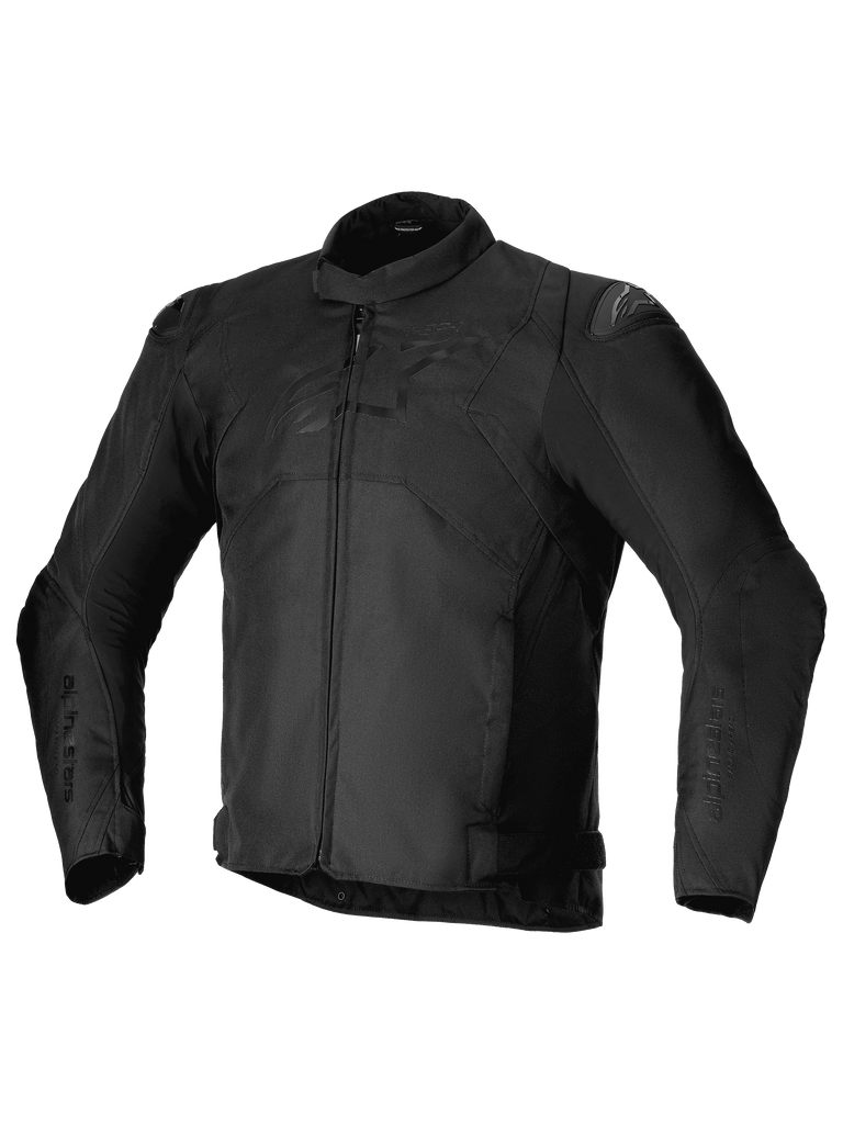 Alpinestars T-SP 1 V2 Waterproof Jacket, Black, Sport Textile Motorcycle Jacket, featuring a low profile collar, long pre-curved sleeves, front zipper closure, DFS Lite shoulder sliders, and a tonal Alpinestars logo on the chest.
