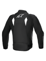 Alpinestars T-SP 1 V2 Waterproof Jacket, Back View, Black and White, white Alpinestars logo on upper back, textile motorcycle jacket with angular white accents, sport silhouette
