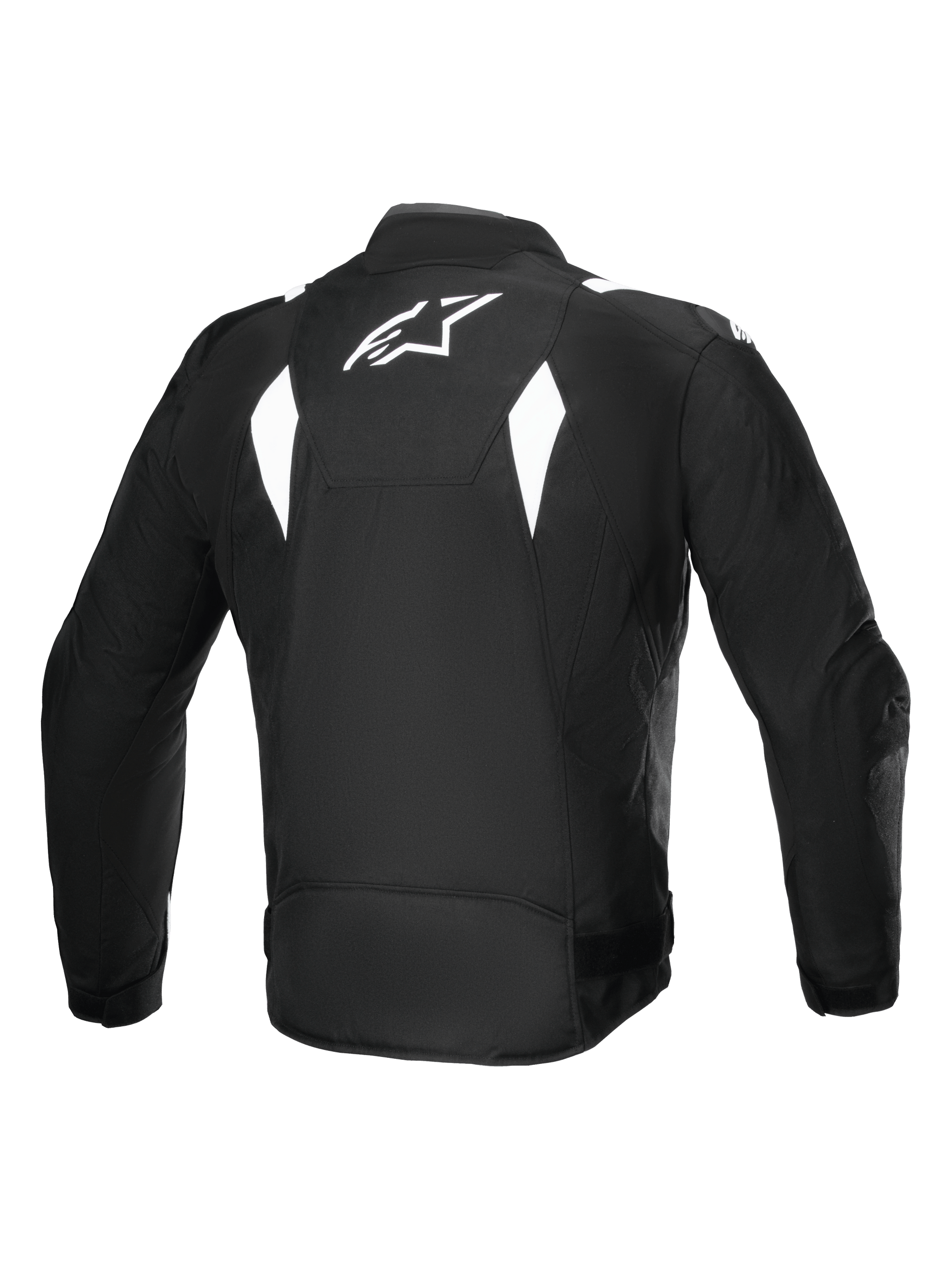 Alpinestars T-SP 1 V2 Waterproof Jacket, Back View, Black and White, white Alpinestars logo on upper back, textile motorcycle jacket with angular white accents, sport silhouette