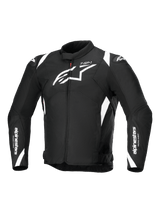 Alpinestars T-SP 1 V2 Waterproof Jacket, Textile Motorcycle Jacket, Black and White, featuring a large white Astars logo on the chest, branding on the sleeves and shoulders, and a technical sport-inspired silhouette.