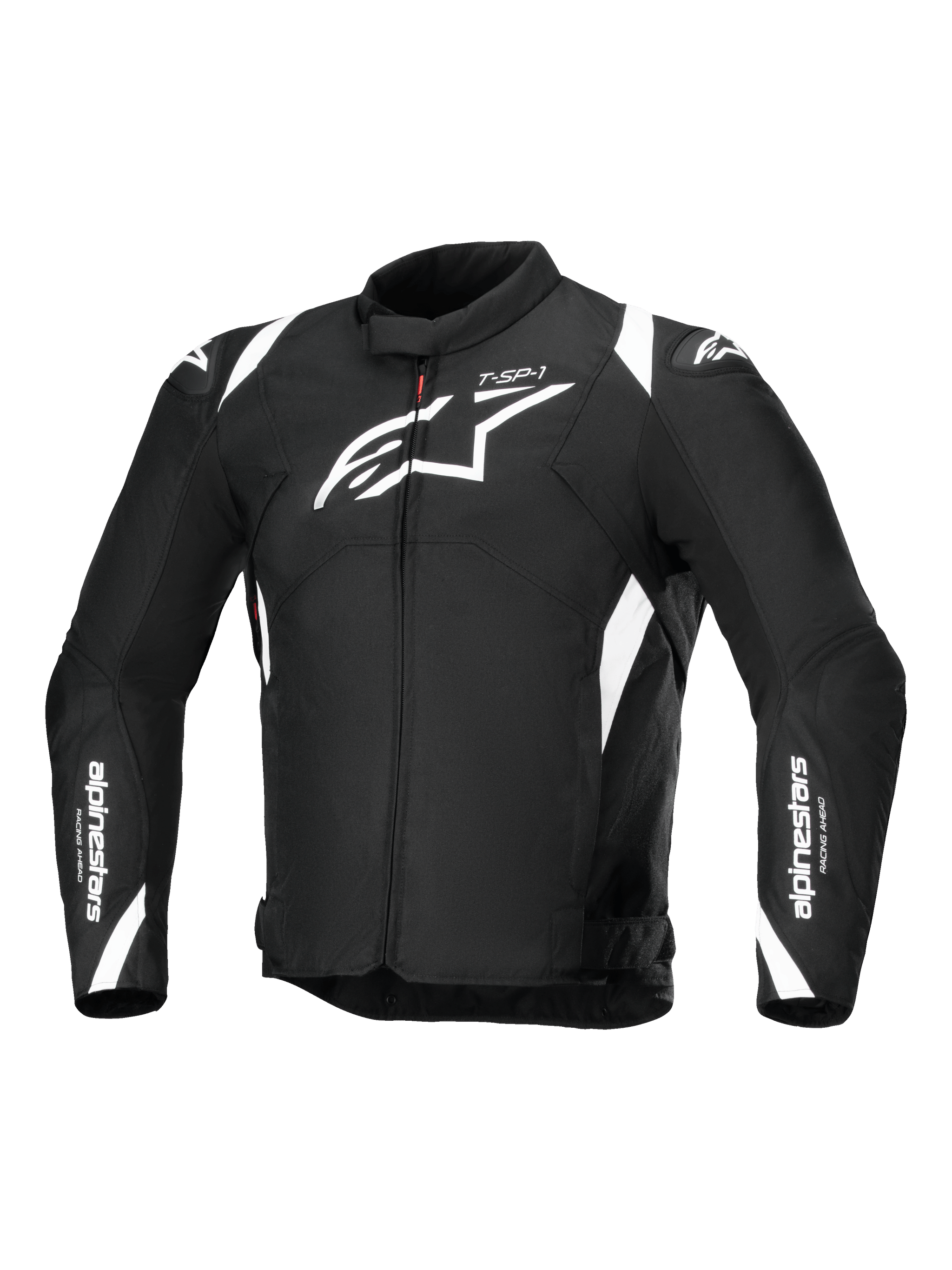 Alpinestars T-SP 1 V2 Waterproof Jacket, Textile Motorcycle Jacket, Black and White, featuring a large white Astars logo on the chest, branding on the sleeves and shoulders, and a technical sport-inspired silhouette.
