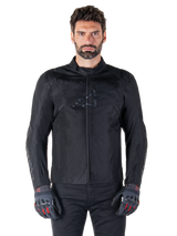 Alpinestars T-SPS V2 Waterproof Jacket, Black motorcycle textile jacket, worn by rider with black and red gloves, featuring a high collar, zippered front, and subtle chest logo, waterproof protection for sport and urban riding
