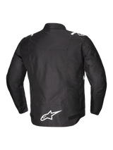 Alpinestars T-SPS V2 Waterproof Jacket, men's textile motorcycle riding jacket, rear view in black with white accents and reflective logo detailing, featuring CE Class A certification and abrasion-resistant 600D poly fabric