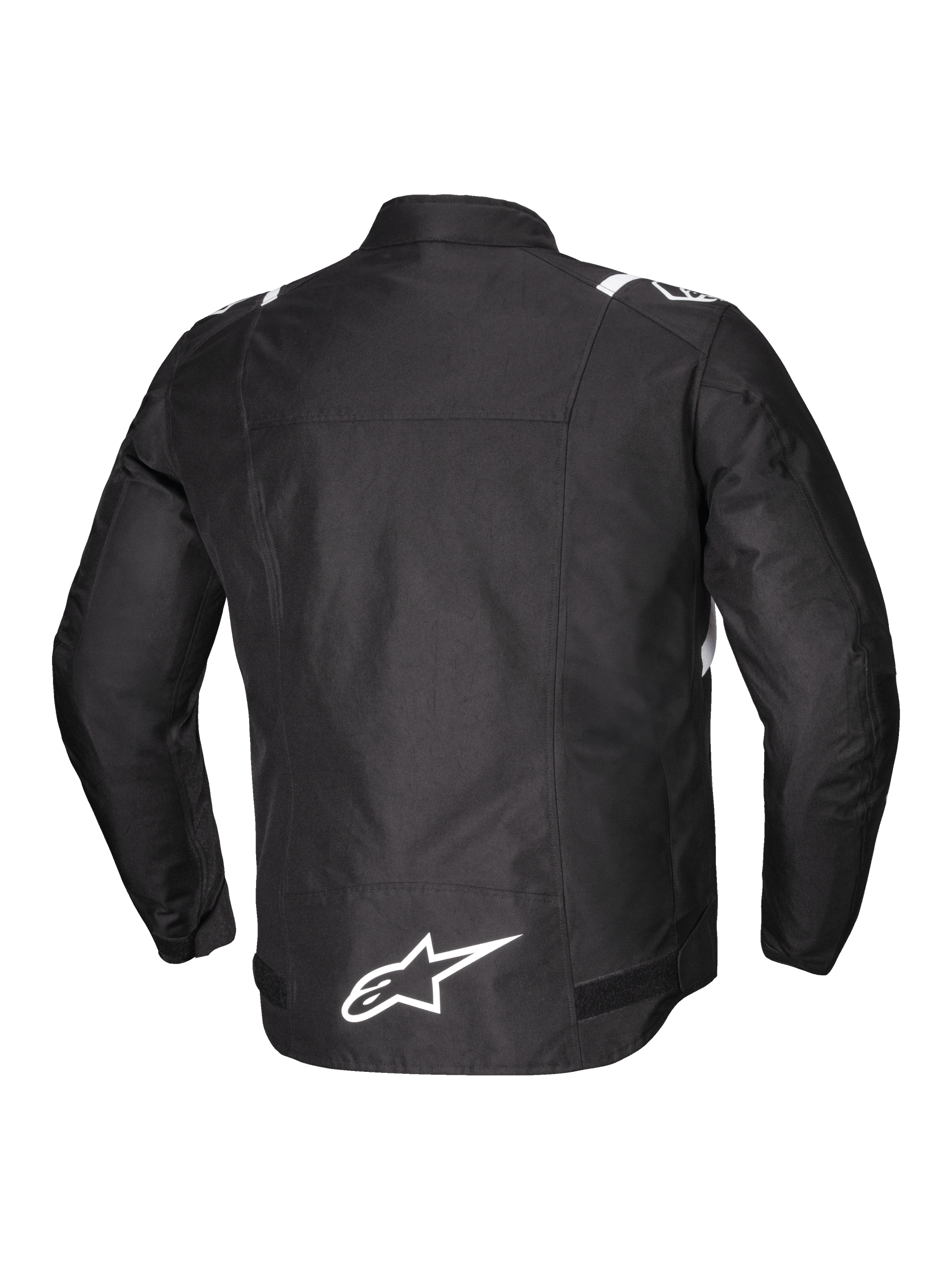 Alpinestars T-SPS V2 Waterproof Jacket, men's textile motorcycle riding jacket, rear view in black with white accents and reflective logo detailing, featuring CE Class A certification and abrasion-resistant 600D poly fabric