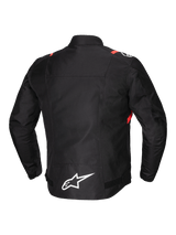 Alpinestars T-SPS V2 Waterproof Jacket, men's road motorcycle textile jacket, back view, black with white and red fluo accents, featuring reflective detailing and extended back coverage